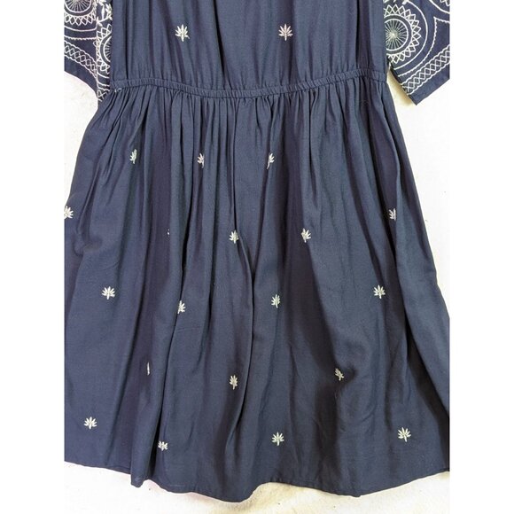 World Market Women size S/M Embroidered Gauzy Beachy Navy Dress Off Shoulder - Picture 11 of 11